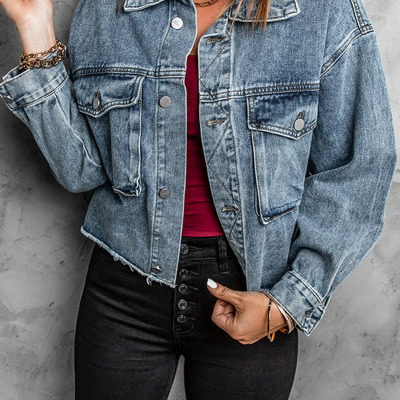 Raw Hem Denim Jacket with Flap Pockets