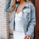  Sequins Fringe Distressed Denim Jacket