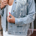  Sequins Fringe Distressed Denim Jacket