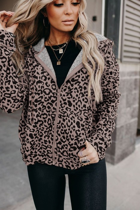 Leopard Hoodie Zip Up Jacket