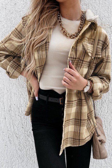  Plaid Flap Pocket Hooded Jacket