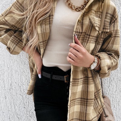  Plaid Flap Pocket Hooded Jacket