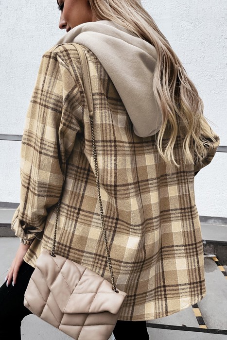  Plaid Flap Pocket Hooded Jacket