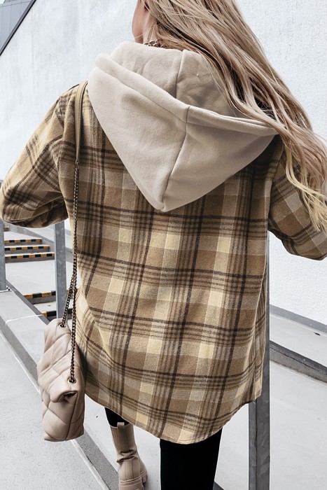  Plaid Flap Pocket Hooded Jacket