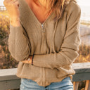  Zipper V-neck Dropped Sleeve Hooded Solid Sweater