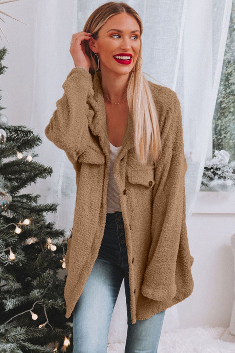 Fuzzy Brown Collared Button Up Cardigan