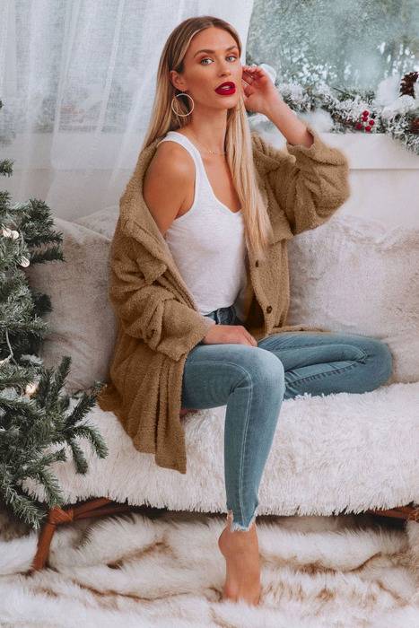 Fuzzy Brown Collared Button Up Cardigan