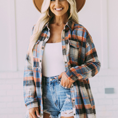  Plaid Button Down Ruffled Shirt Jacket