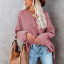   Pink Henley Pullover Drop Shoulder Sweater