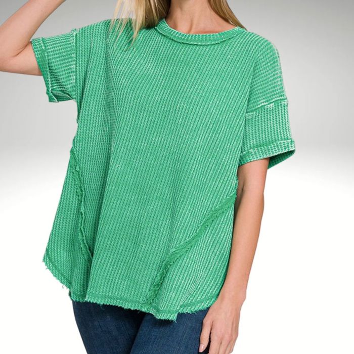 Waffle Top   Amazingly comfortable waffle knit top. This top has darling stitching detail in the back and from with raw edge detail.&nbsp; Each item is unique, expect variations in color and finishing