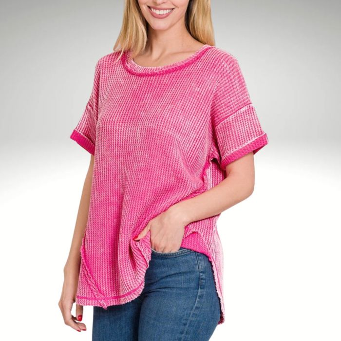 Waffle Top   Amazingly comfortable waffle knit top. This top has darling stitching detail in the back and from with raw edge detail.&nbsp; Each item is unique, expect variations in color and finishing