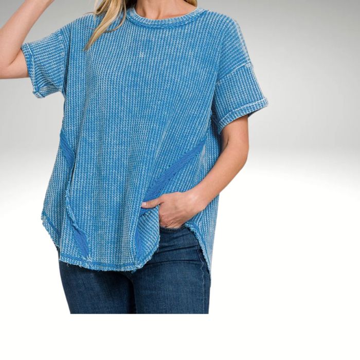 Waffle Top   Amazingly comfortable waffle knit top. This top has darling stitching detail in the back and from with raw edge detail.&nbsp; Each item is unique, expect variations in color and finishing