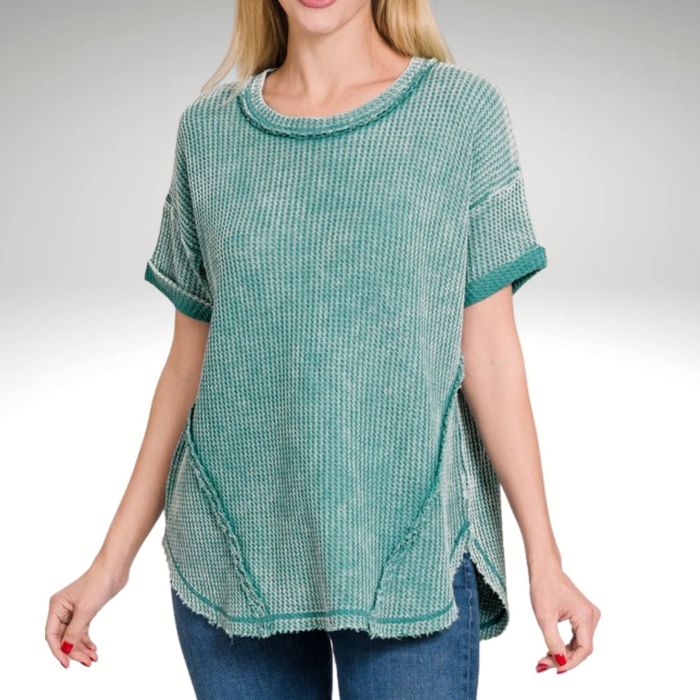 Waffle Top   Amazingly comfortable waffle knit top. This top has darling stitching detail in the back and from with raw edge detail.&nbsp; Each item is unique, expect variations in color and finishing