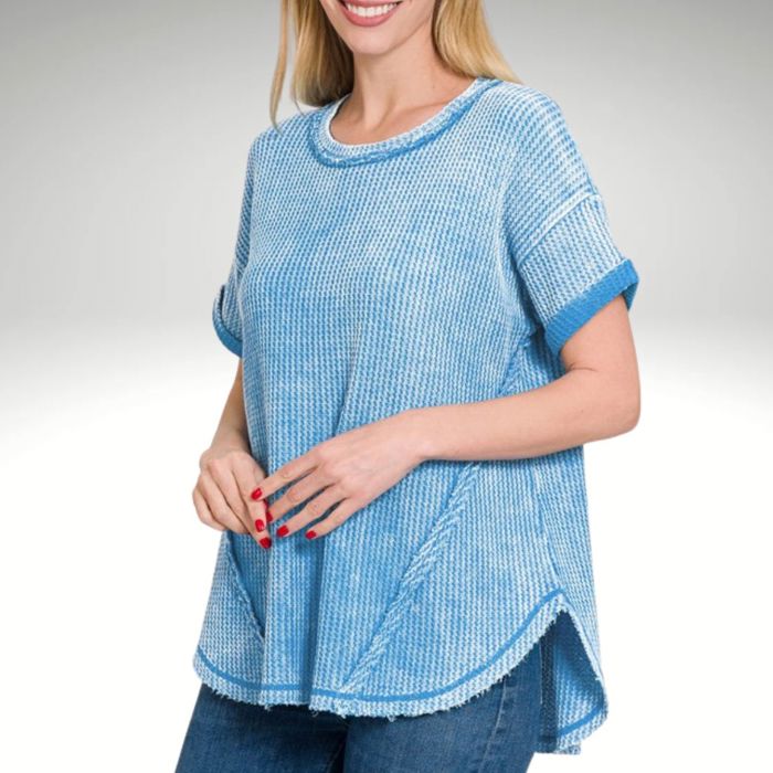 Waffle Top   Amazingly comfortable waffle knit top. This top has darling stitching detail in the back and from with raw edge detail.&nbsp; Each item is unique, expect variations in color and finishing