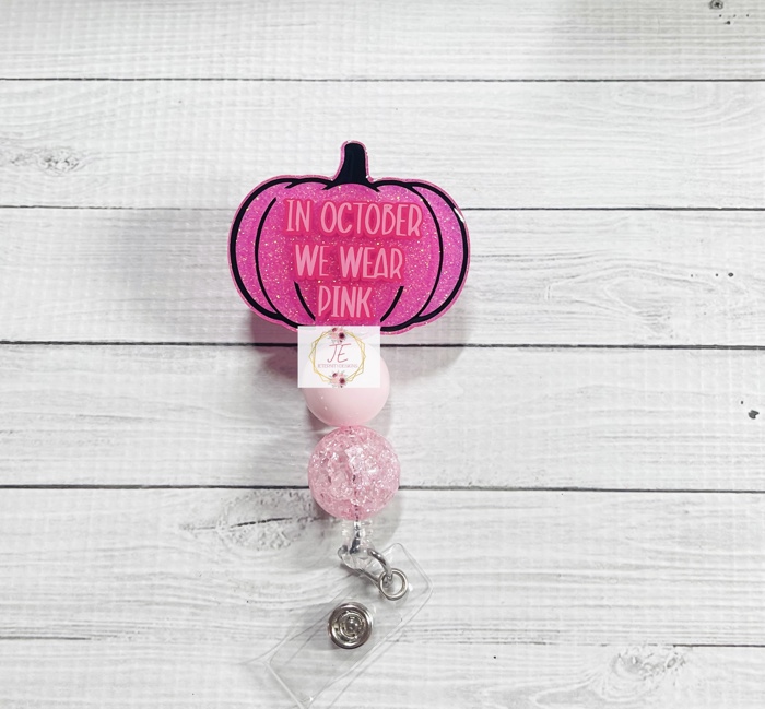 In October We Wear Pink Beaded Breast Cancer Pumpkin Badge Reel | Interchangeable | Badge Holder | Oncologist | Oncology | Nurse | Medical | Pumpkin
