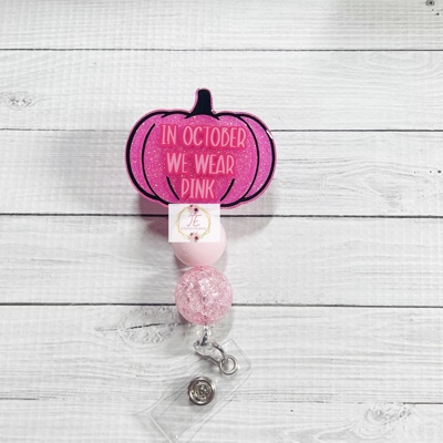In October We Wear Pink Beaded Breast Cancer Pumpkin Badge Reel | Interchangeable | Badge Holder | Oncologist | Oncology | Nurse | Medical | Pumpkin