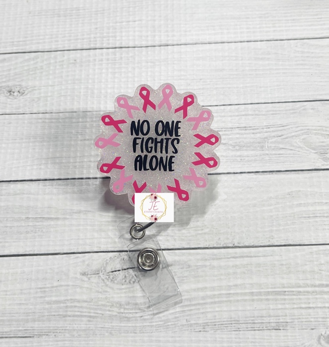 No One Fights Alone Beaded Breast Cancer Badge Reel | Interchangeable | Badge Holder | Oncologist | Oncology | Nurse | Medical