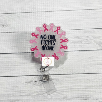 No One Fights Alone Beaded Breast Cancer Badge Reel | Interchangeable | Badge Holder | Oncologist | Oncology | Nurse | Medical