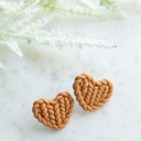 Tan Knit Pattern Heart Stud Earrings