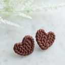 mocha Knit Pattern Heart Stud Earrings