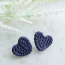 Navy Knit Pattern Heart Stud Earrings