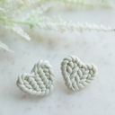 Cream Knit Pattern Heart Stud Earrings