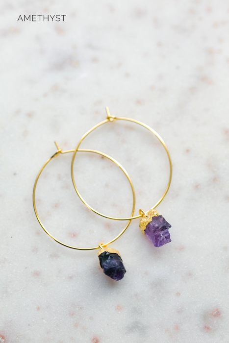 Raw Gemstone Birthstone Hoop Earrings