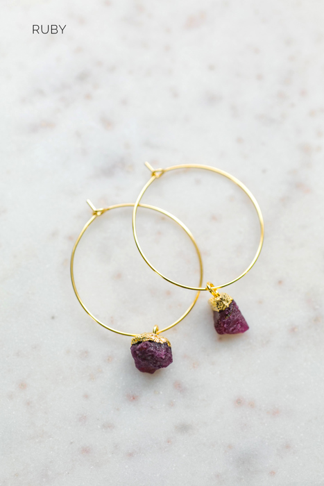 Raw Gemstone Birthstone Hoop Earrings