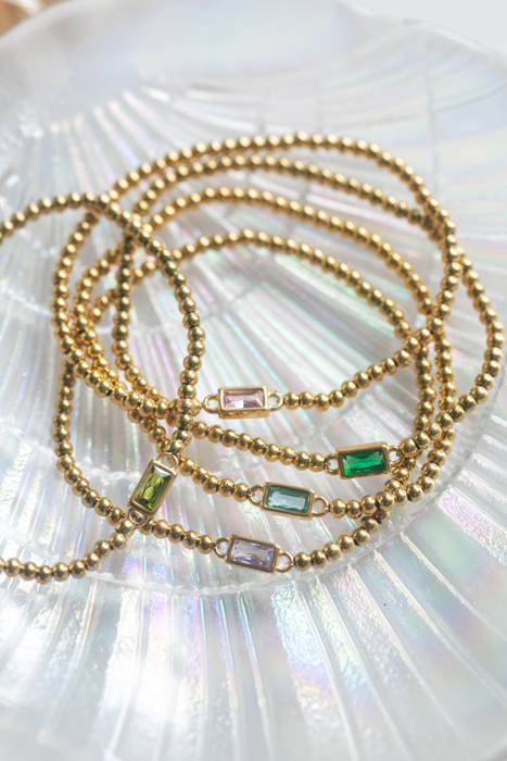 Gold Beaded Baguette Birthstone Bracelet
