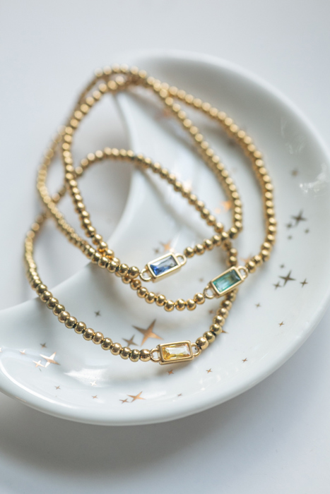 Gold Beaded Baguette Birthstone Bracelet