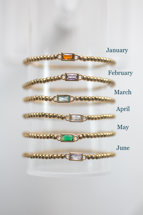 Gold Beaded Baguette Birthstone Bracelet