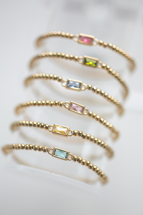 Gold Beaded Baguette Birthstone Bracelet