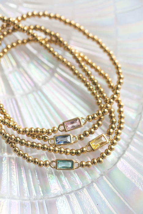 Gold Beaded Baguette Birthstone Bracelet