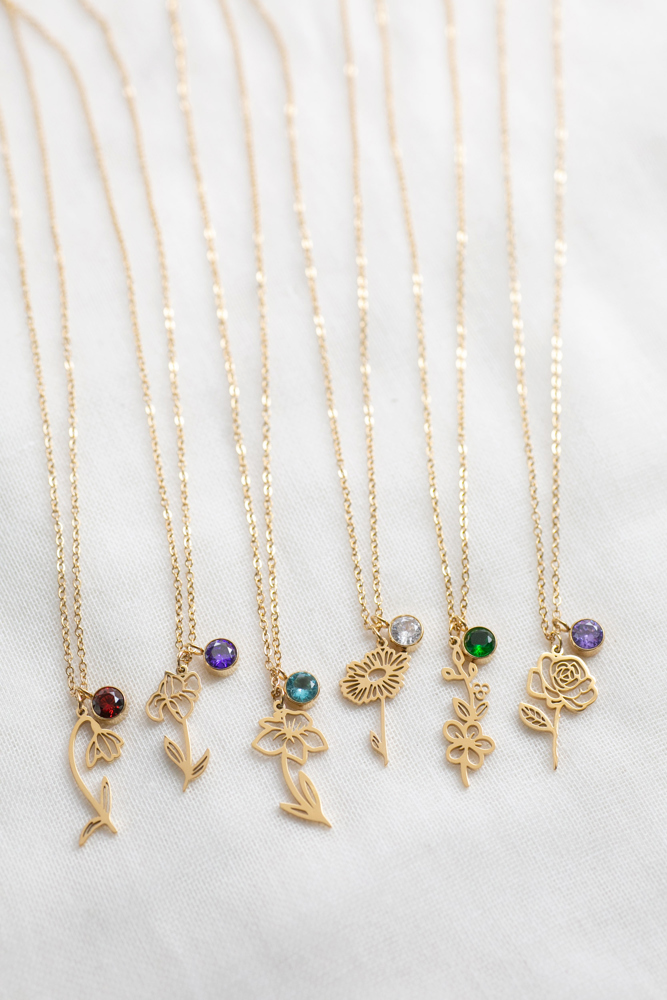 Dainty Birthstone & Birth Flower Necklaces