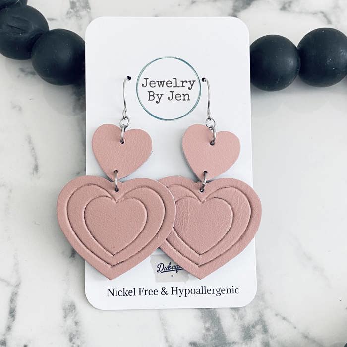 Embossed Double Heart Leather Earrings