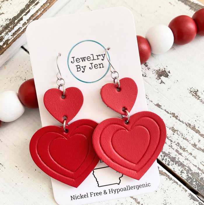 Embossed Double Heart Leather Earrings