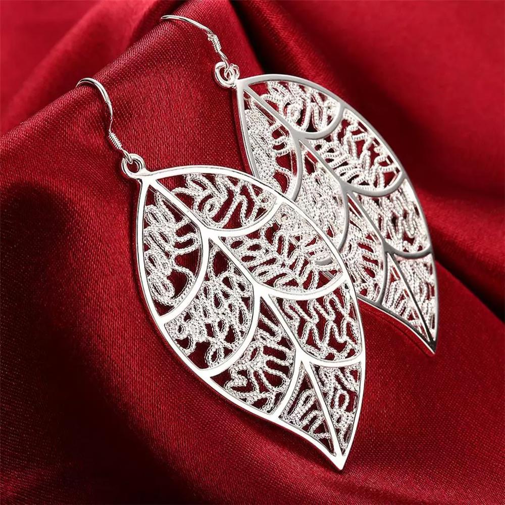 925 Sterling Silver Large Filigree Leaf Drop Dangle Earrings