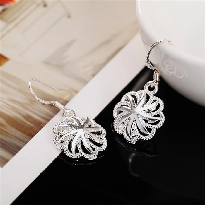 925 Sterling Silver Round Flower Drop Dangle Earrings