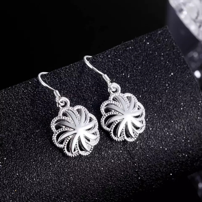 925 Sterling Silver Round Flower Drop Dangle Earrings