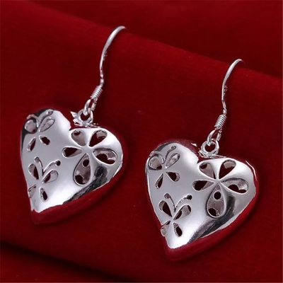 925 Sterling Silver Floral Heart Drop Dangle Earrings