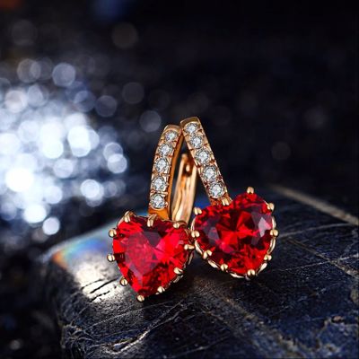 18K Gold Plated Heart-Shaped Ruby Sapphire Crystal Hoop Earrings with CZ Accents