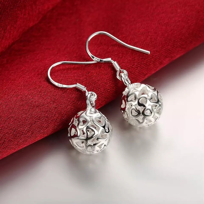 Sterling Silver Filigree Ball Heart French Hook Dangle Drop Earrings