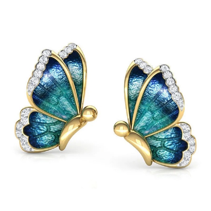 18K Gold Plated Butterfly Collections Pearl Stud Earrings Ring, Blue-Green Enamel with Crystal Accents