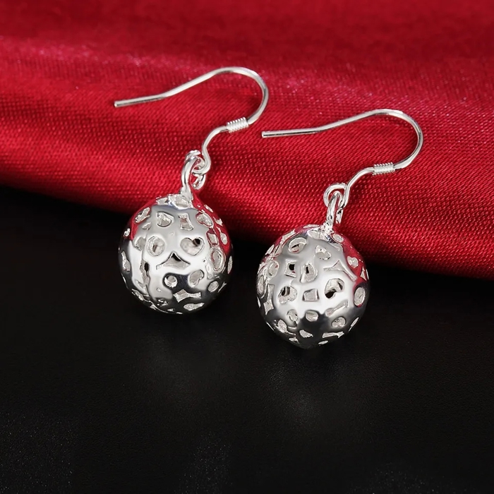 Sterling Silver Filigree Ball Heart French Hook Dangle Drop Earrings