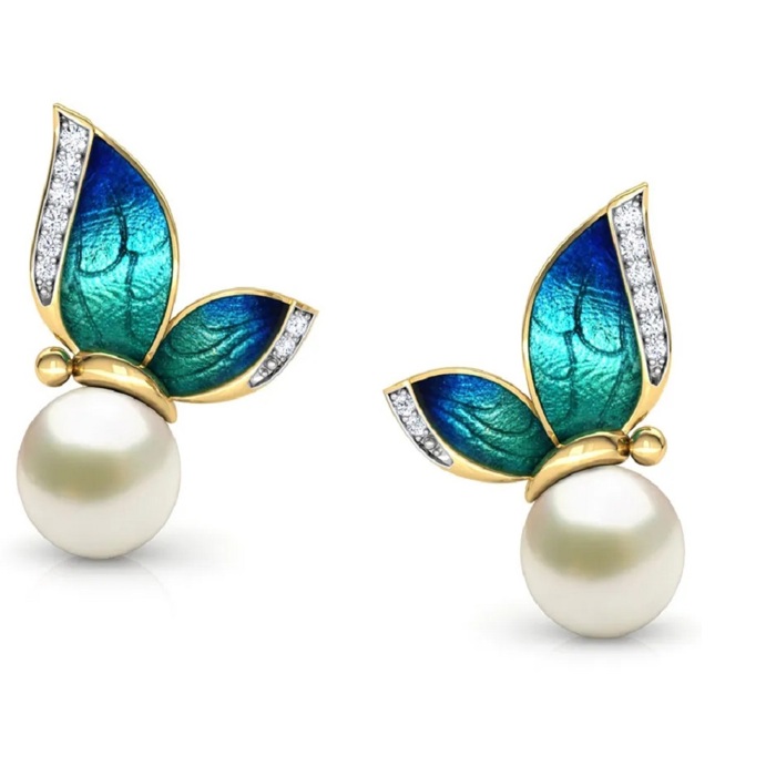 18K Gold Plated Butterfly Collections Pearl Stud Earrings Ring, Blue-Green Enamel with Crystal Accents