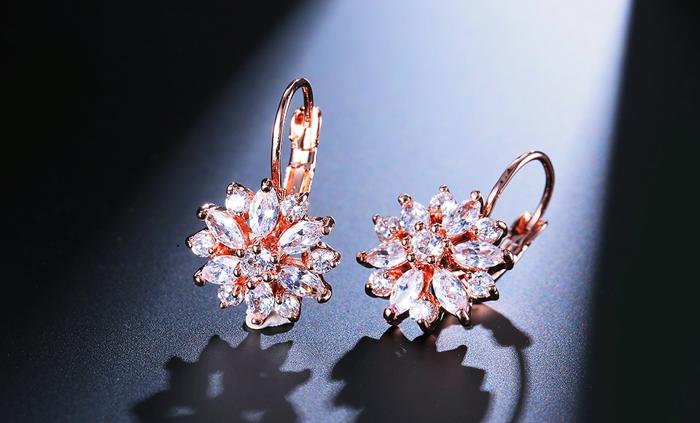 Marquise Cut Crystal Flower Leverback Hoop Earrings