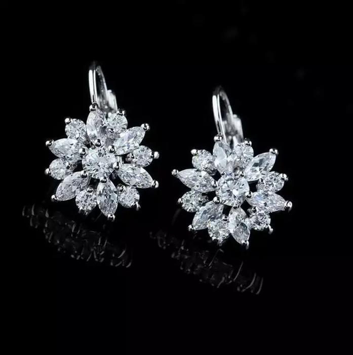 Marquise Cut Crystal Flower Leverback Hoop Earrings