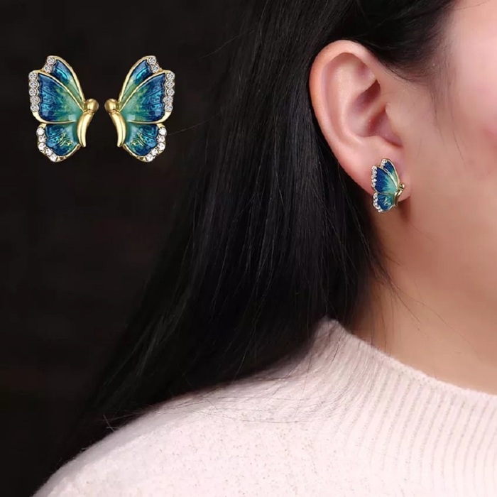 18K Gold Plated Butterfly Collections Pearl Stud Earrings Ring, Blue-Green Enamel with Crystal Accents