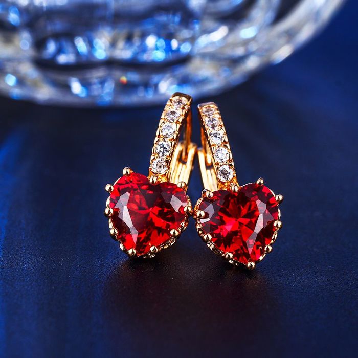 18K Gold Plated Heart-Shaped Ruby Sapphire Crystal Hoop Earrings with CZ Accents