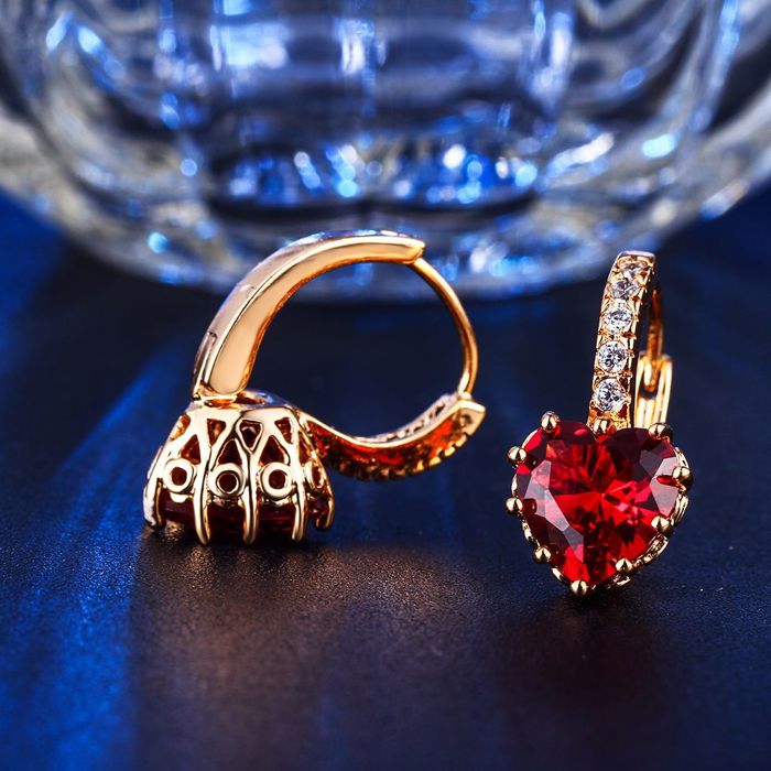 18K Gold Plated Heart-Shaped Ruby Sapphire Crystal Hoop Earrings with CZ Accents